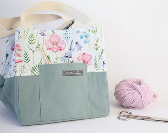 Handarbeitstasche  Häkeltasche  Stricktasche  Henkeltasche Projekttasche "Blumenliebe grün"