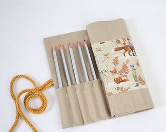 Roll-up pencil case, Waldorf, pencil roll for 20 thin colored pencils "Fox boy beige" gift, school enrollment