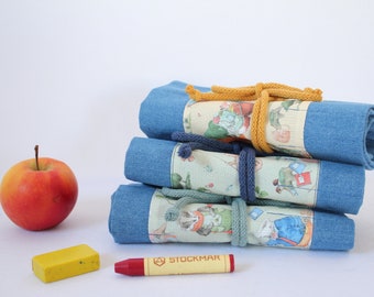 Waldorf pencil case / rolling pencil case Waldorf "Im Garten Jeans" for 17 wax crayons and 13 blocks, school enrollment, gift