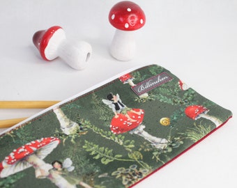 Knitting needle bag/pencil case, needle bag pencil case "Lucky Mushrooms" dark red