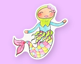 Hijabi Mermaid Sticker: Waterproof Muslim Girl Decal watercolor art