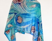 Blue scarf Handpainted scarf Painted sea shells Batik Summer fashion scarf Beach cover up Gifts for her Large silk scarf Hand painted shawl