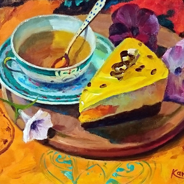 Still life Tea time Cake painting Original oil painting on canvas palette knife Kitchen Wall art canvas Gift for her Mother birthday gift