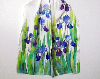 Iris silk shawl Romantic gift Wedding scarf Mom birthday gift Hand painted scarf Mother of the bride Inspirational women gift Something Blue
