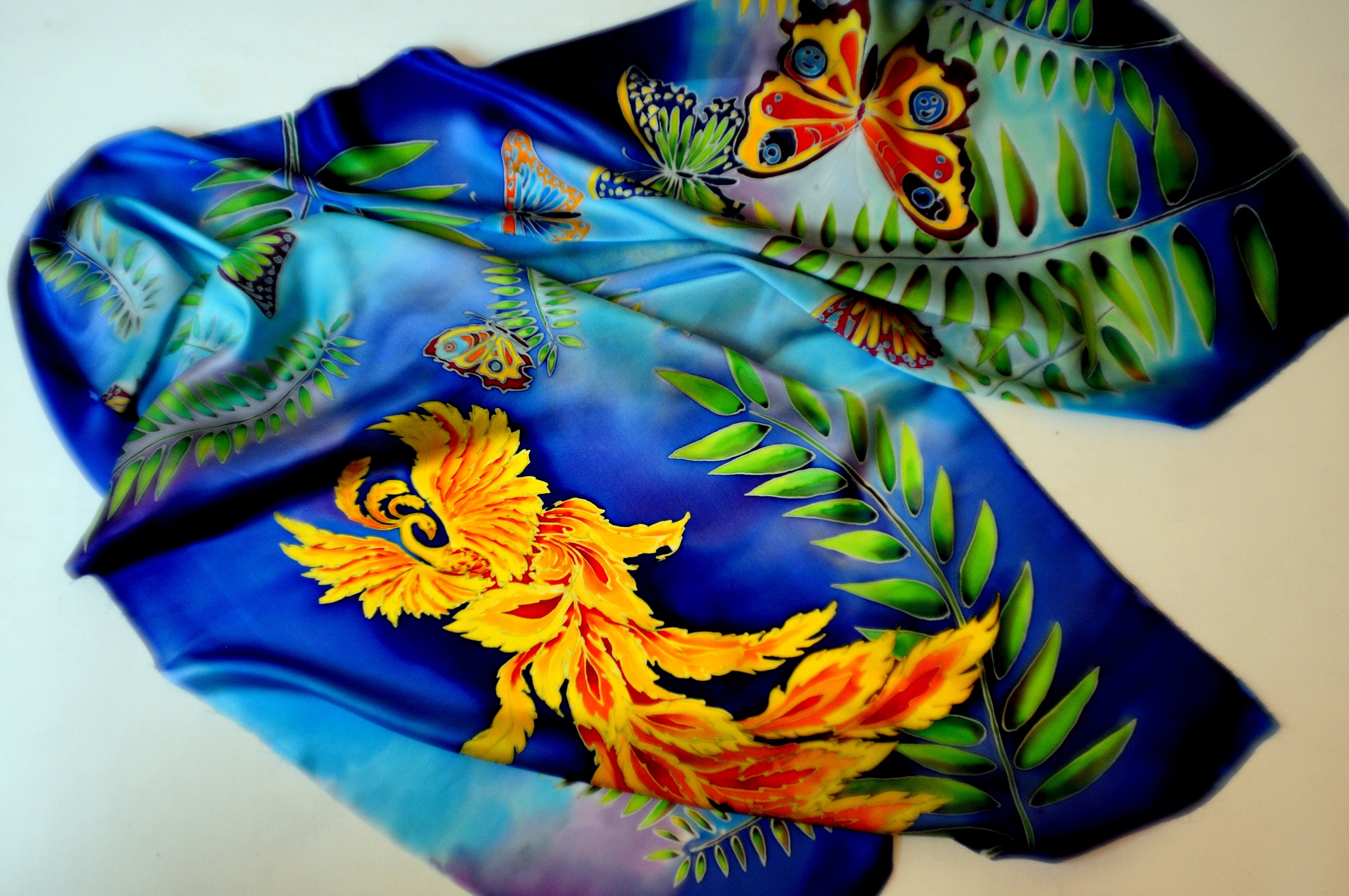 Fantasy Silk scarf Phoenix Hand painted silk Butterfly Floral Etsy