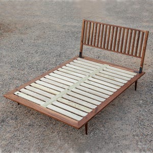 PARK AVE bed frame / walnut platform bed, angled headboard, mid century modern bed frame with spindle headboard