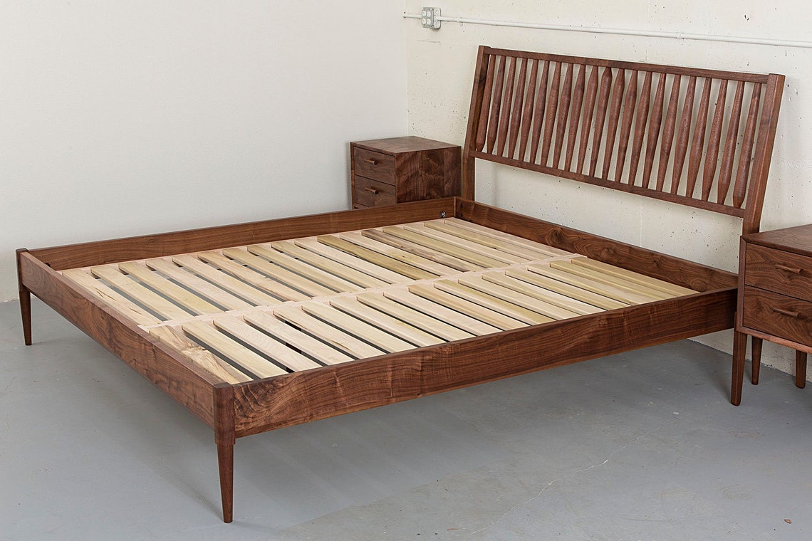 Walnut Platform Bed Angled Headboard Mid Century Modern Bed Etsy