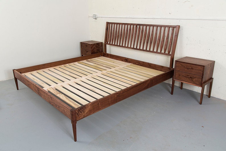 Walnut Platform Bed Angled Headboard Mid Century Modern Bed Etsy