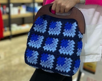 Hand Crocheted bag with wooden handle, blue crochet grannybag