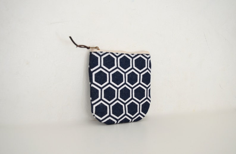 japanese pattern print Mini zipper pouch Denim small pouch Canvas coin purse indigo pouch