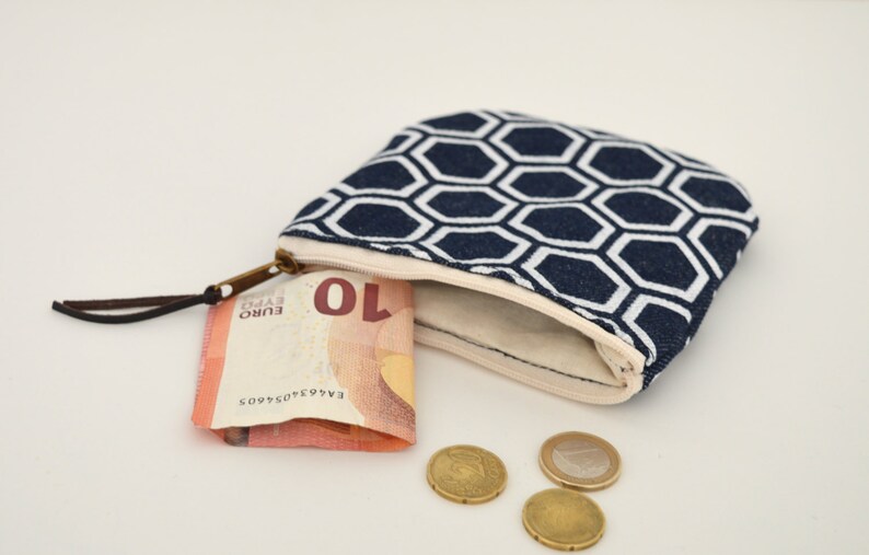 japanese pattern print Mini zipper pouch Denim small pouch Canvas coin purse indigo pouch