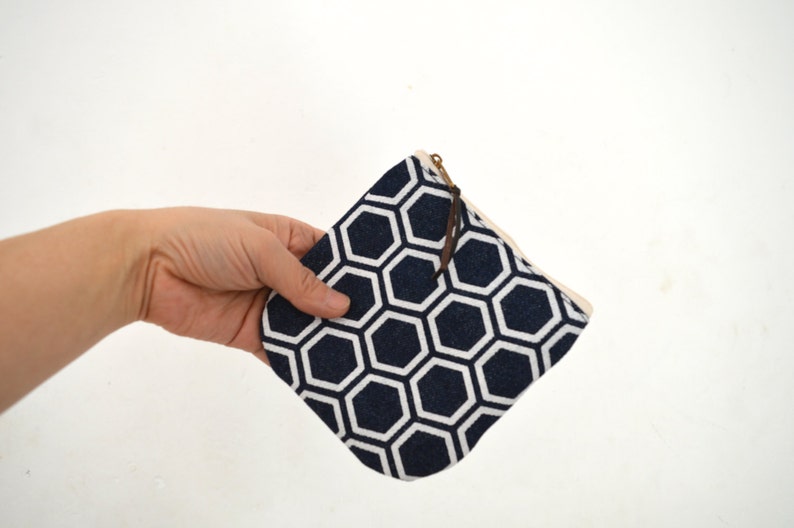 japanese pattern print Mini zipper pouch Denim small pouch Canvas coin purse indigo pouch