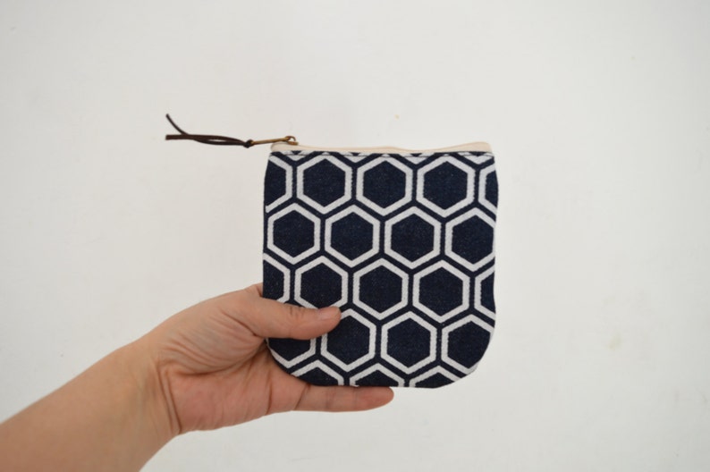 japanese pattern print Mini zipper pouch Denim small pouch Canvas coin purse indigo pouch
