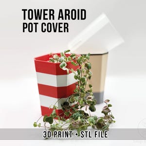 Può includere: Un coprivaso esagonale a strisce rosse e bianche con una pianta ricadente. Il coprivaso riporta la scritta "TOWER AROID POT COVER" e "3D PRINT • STL FILE". Un secondo coprivaso dai toni neutri è visibile sullo sfondo.