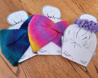 May include: Three knitted headbands in different color combinations: teal, blue, and purple; pink, purple, and yellow; and purple. The headbands are displayed on white paper cutouts of a woman's head with a bun.