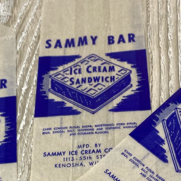 3 Vintage 1950s Sammy Ice Cream Sandwich Bars Wrappers Retro Bag Lot Wax Paper Wrapper Bags Midcentury Glassine Navy Blue Set