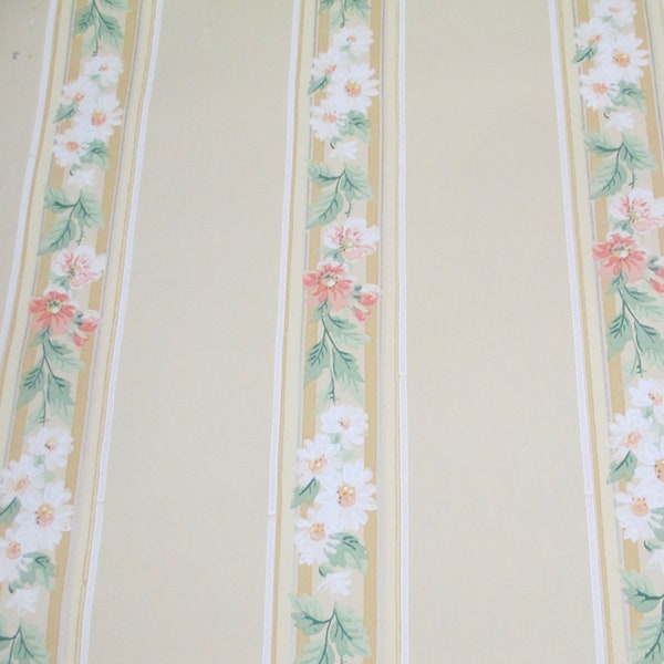 SALE 24 Feet Vintage Uncut Borders Striped Wallpaper Daisy Flower Floral Wall Paper 1940s 1950s Green Gold Tan Retro Stripe Daisies As Is