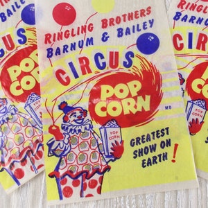 3 Vintage Popcorn Bags Circus Ringling Bros Barnum Bailey Clown Glassine Balloons Multicolor 1950s 1960s Bag Lot Set Illustrated  Red Blue