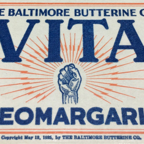 1930s Vintage Oleo Margarine Butter Box Art Deco Graphic Hand Lightning  Antique Advertising Orange Blue Flat Advertising  Kitchen Prop Old