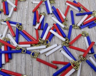 36 Vintage Glass Bead Dangles Patriotic Red White and Blue Bugle Beads Lot Raw Brass Earring Beaded Retro 1960s 70s Tassle Earring Supply