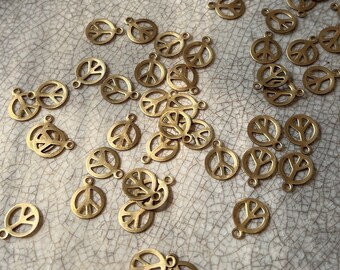 60 Tiny Brass Charms Peace Sign Lot Retro Vintage Brass Mod Hippy Stamping Stampings Set Earring Part Mini Small Stamped Groovy Set Pieces