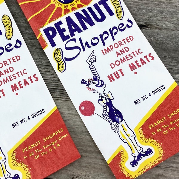 2 Vintage Peanut Shoppes Paper Bags Circus Clown 1950s Bag Lot Set Illustrated Retro Circus Red Blue Yellow Balloon Shop Nuts Nut Ephemera