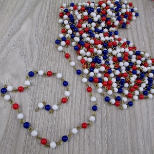 24 Feet Vintage Patriotic Bead Chain Round Beaded Red White and Blue Plastic Ball Flag Colors Retro Americana 1970s Fourth of July Decor 6mm