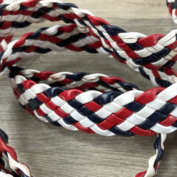 SALE 12 Ft. Vintage Mod Patriotic Belt Strap Woven Red White Blue Americana Retro Kitsch 1960s Vinyl Faux Leather American Flag Braided