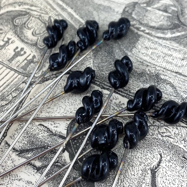 12 Vintage Black Glass Small Head Pins Lot Floral Millinery Lampwork Swirled Hat Jewelry Findings 1950s Steel Lamp Work Murano Style Old