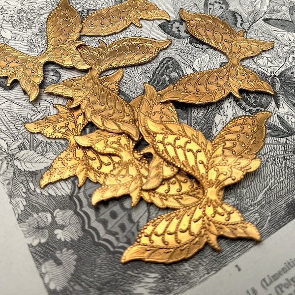 8 Vintage Brass Butterfly Wings Stampings Findings Fancy Embossed Textured Butterflies Insect Retro Craft Fairy Supply 1 5/8" Wide