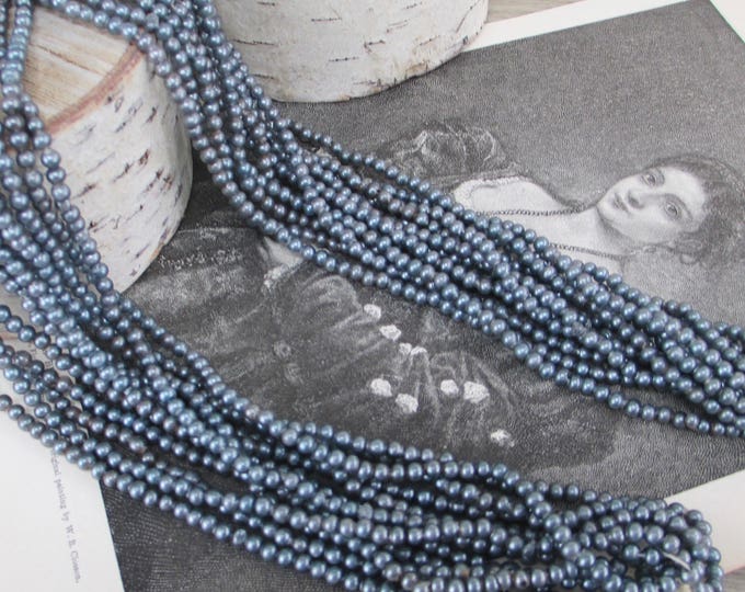24 Vintage Strands Glass Pearl Bead Gunmetal Gray Tiny Beads Hollow Lightweight Antique Style Tiny Seed Mini Silver Grey Hank Hanks 3.5 mm