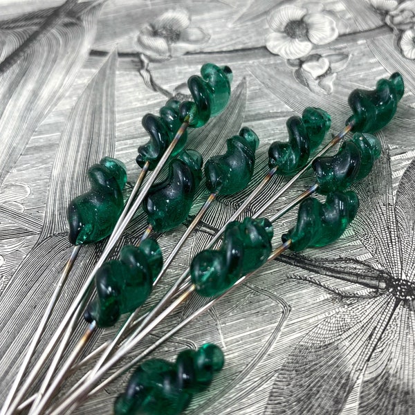 12 Vintage Dark Green Glass Head Pins Lot Med. Floral Millinery Lampwork Swirled Hat Jewelry Findings 1960s Steel Lamp Work Murano Style Old