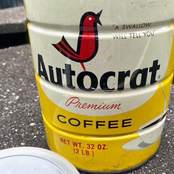 Vintage 1970s Coffee Can Autocrat Singing Bird Mod Graphics Retro Kitsch Yellow Red Advertising Kitchen Decor Prop Container  2 lb.