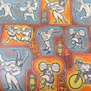 May include: A colorful vintage wrapping paper design featuring various sports figures, including boxers, weightlifters, baseball players, fencers, and cyclists. The paper has a brown and orange background with blue and white accents. The words "Sport" and "Great" are written in a stylized font.