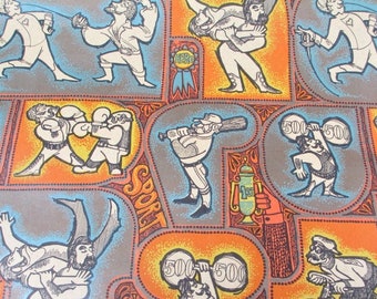 12 Feet 1970s Masculine Sports Bearded Men Vintage Wrapping Paper Man Men's Gift Wrap Retro Mod Cartoon Kitsch Beard Manly Sport Male Humor