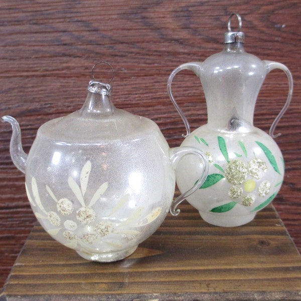 2 Antique Faded Glass Christmas Tree Ornaments 30s Vintage Ghost Ornament Lot Teapot Urn Germany Poland 1930s Mercury Old Shabby Chic