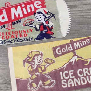 2 Vintage Gold Mine Ice Cream Wrappers, 1960s Retro Bags Foil Paper