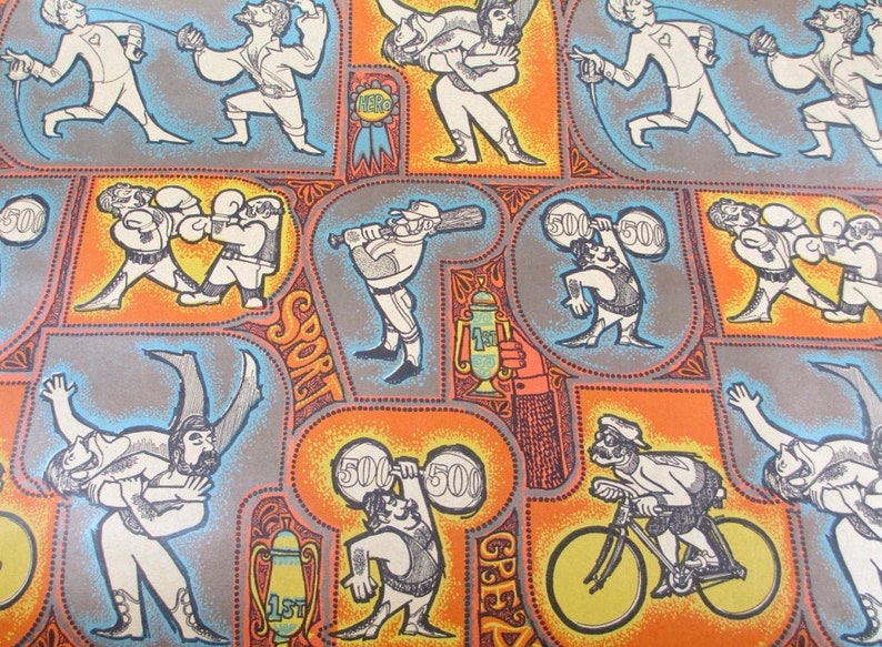 May include: A colorful vintage wrapping paper design featuring various sports figures, including boxers, weightlifters, baseball players, fencers, and cyclists. The paper has a brown and orange background with blue and white accents. The words "Sport" and "Great" are written in a stylized font.