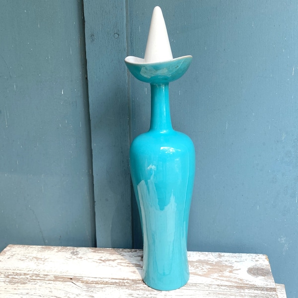 SALE Vintage 1950s Italian Decanter Ceramic Bottle Stopper Tall 15 3/4" Liquor Italy Aqua Turquoise Glazed Sculpture Form White Sculpted Art