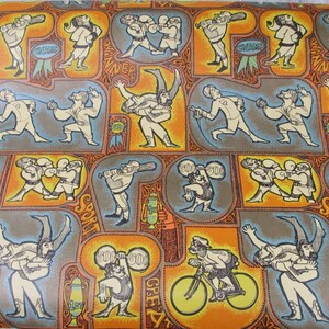 May include: A vintage wrapping paper design featuring a repeating pattern of cartoon athletes engaged in various sports, including boxing, weightlifting, baseball, and cycling. The paper has a bright orange background with brown and blue accents. The text "Sport" and "Great" are visible in the design.