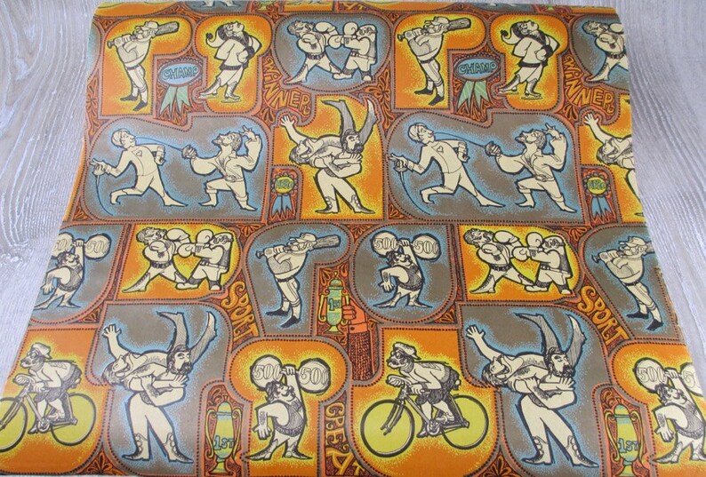 May include: A vintage wrapping paper design featuring a repeating pattern of cartoon athletes engaged in various sports, including boxing, weightlifting, baseball, and cycling. The paper has a bright orange background with brown and blue accents. The text "Sport" and "Great" are visible in the design.