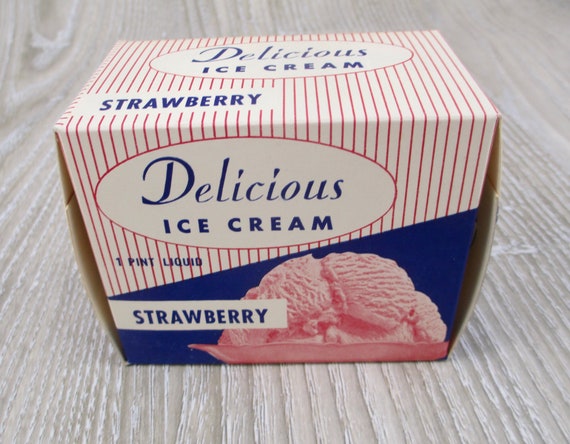 1950s Vintage Strawberry Ice Cream Pint Box Carton Retro Pink Blue