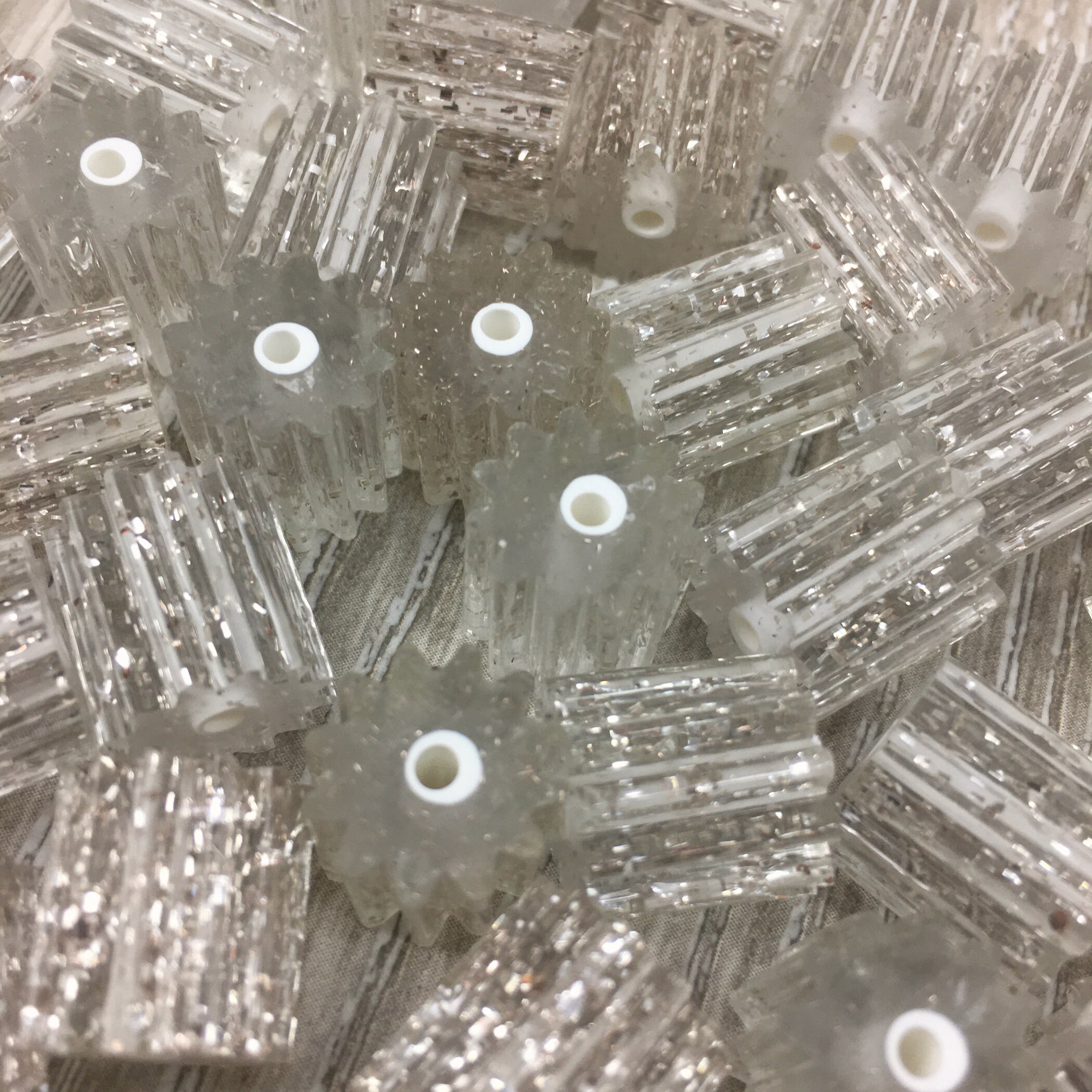 50 Vintage Glitter Plastic Tube Beads Clear Silver Fluted Etsy