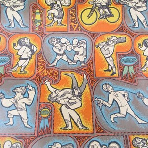 May include: A colorful repeating pattern of various sports figures, including a boxer, a cyclist, a fencer, and a baseball player. Each figure is surrounded by a decorative frame with the words "Champ", "Winner", and "Hero" in a stylized font.