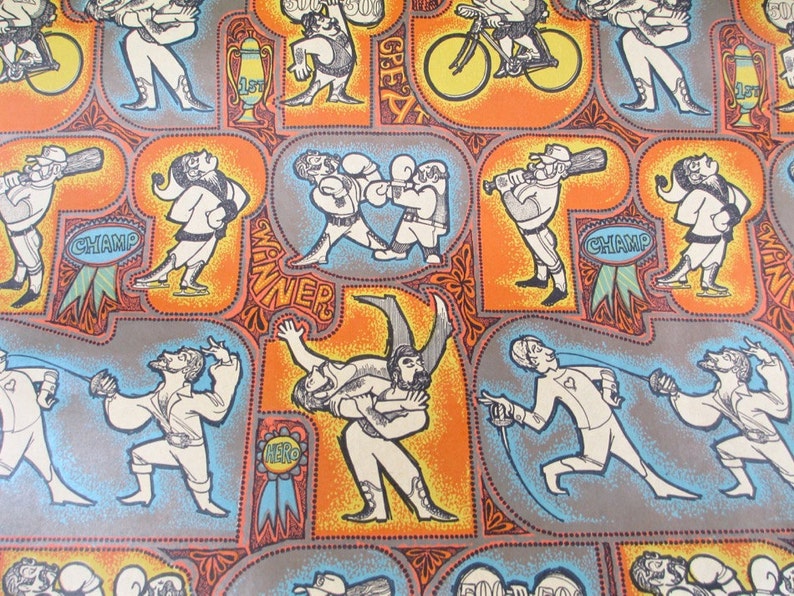 May include: A colorful repeating pattern of various sports figures, including a boxer, a cyclist, a fencer, and a baseball player. Each figure is surrounded by a decorative frame with the words "Champ", "Winner", and "Hero" in a stylized font.