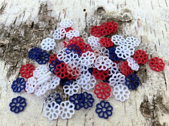 Vintage Patriotic Flower Spacer Beads, 1970s Red White Blue Craft Supplies (100 pc)