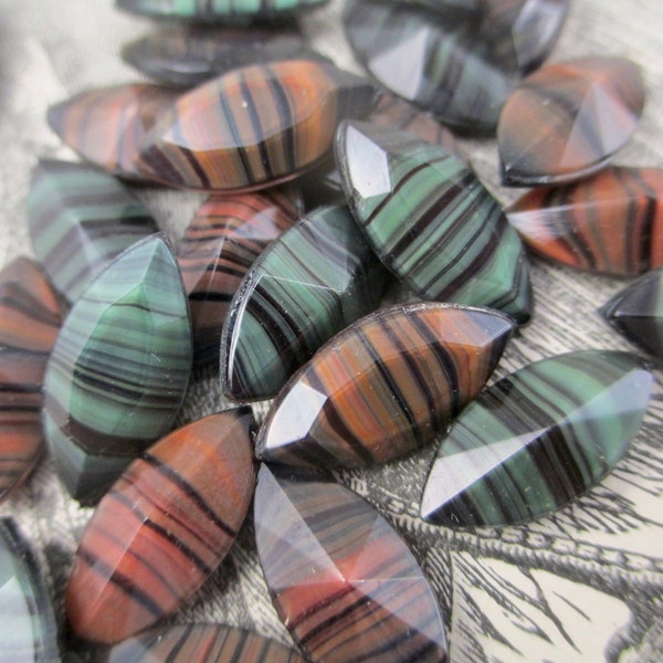 36 Unusual Vintage Glass Striped Glass Brown Green Faceted Cabochons Pointed Oval Navette Doublet Cabochon Lot West Germany 15 mm x 7 mm