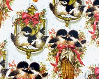 12 Feet Vintage 1970s Christmas Wrapping Paper: Kitsch Big Eye Baby Birds