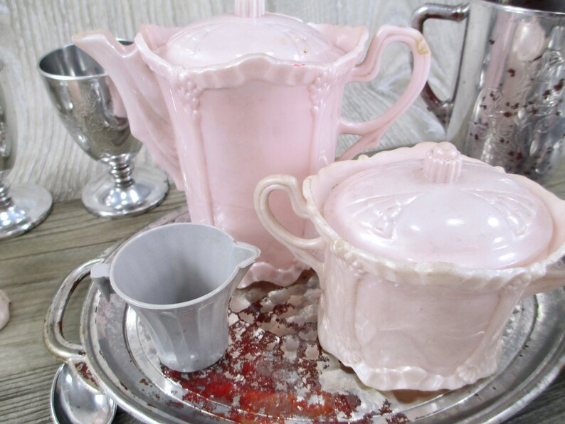 SALE Vintage Plastic Doll Dishes Lot Silver Pink Cream House Retro Dolls Dishes Fancy 1950s 1960s Child Toy Play Toys Spoon Tea Coffee Set