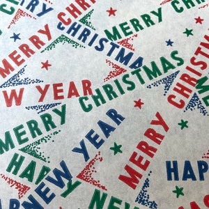12 Feet 1950s Merry Christmas Happy New Year Vintage Wrapping Paper Gift Wrap Retro Great Graphics Typeface Lettering Words USA 4 Yards